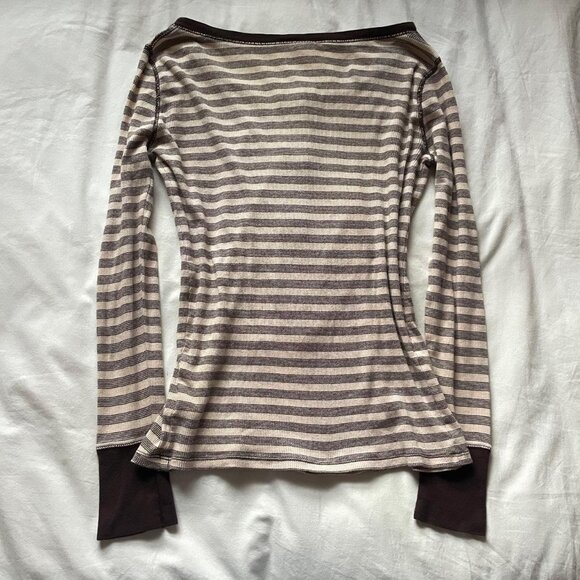 2000s Brown and Cream Striped Henley Top - Picture 5 of 6